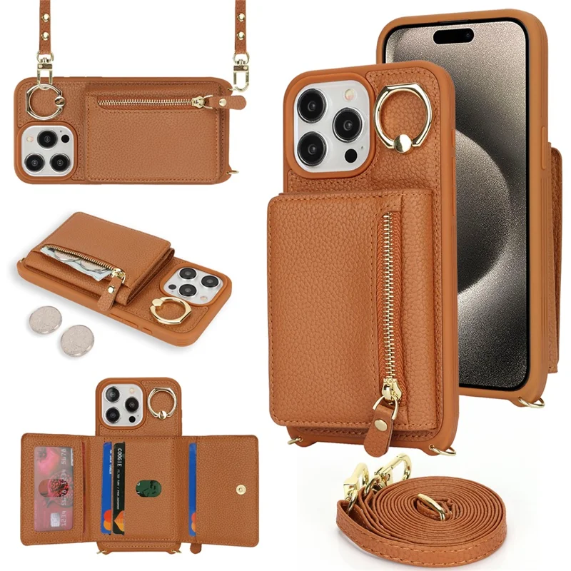 Für iPhone 15 Pro Hülle Reißverschlusstaschen Kartenfach Leder+TPU Handyhülle mit Ständer - Braun