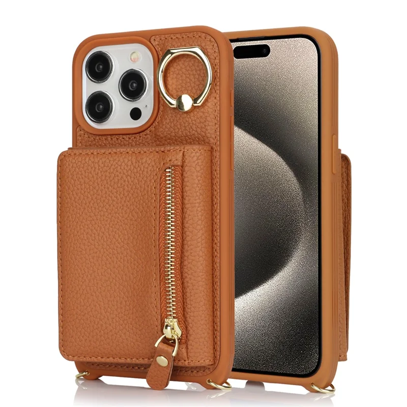 Für iPhone 15 Pro Hülle Reißverschlusstaschen Kartenfach Leder+TPU Handyhülle mit Ständer - Braun