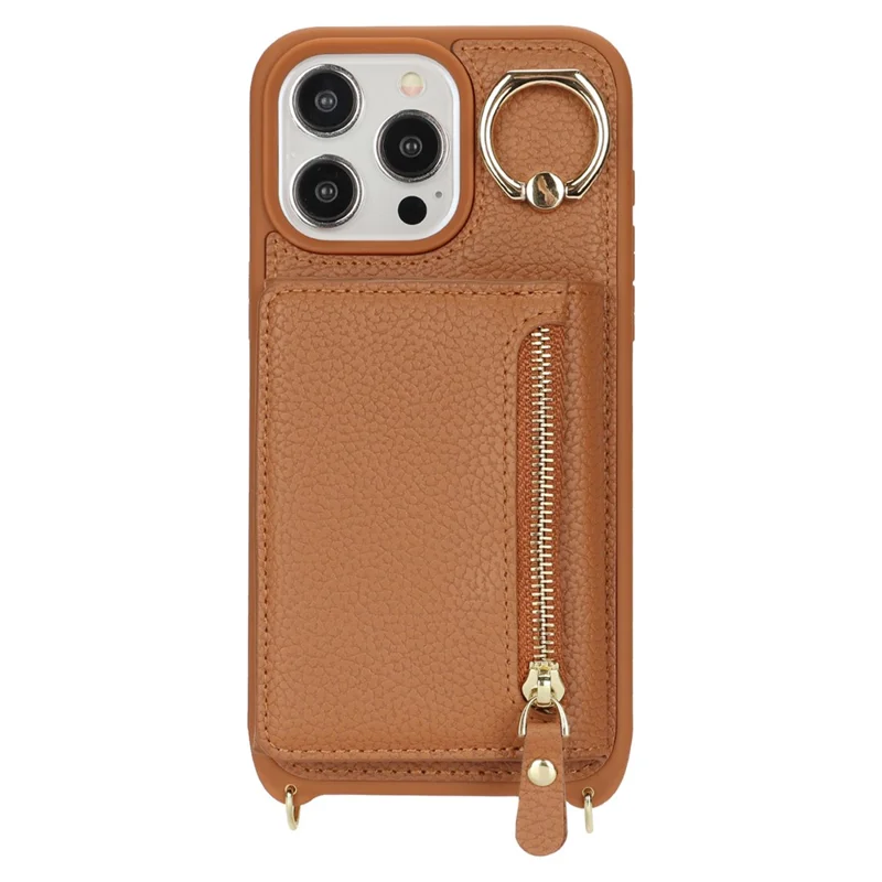 Für iPhone 15 Pro Hülle Reißverschlusstaschen Kartenfach Leder+TPU Handyhülle mit Ständer - Braun