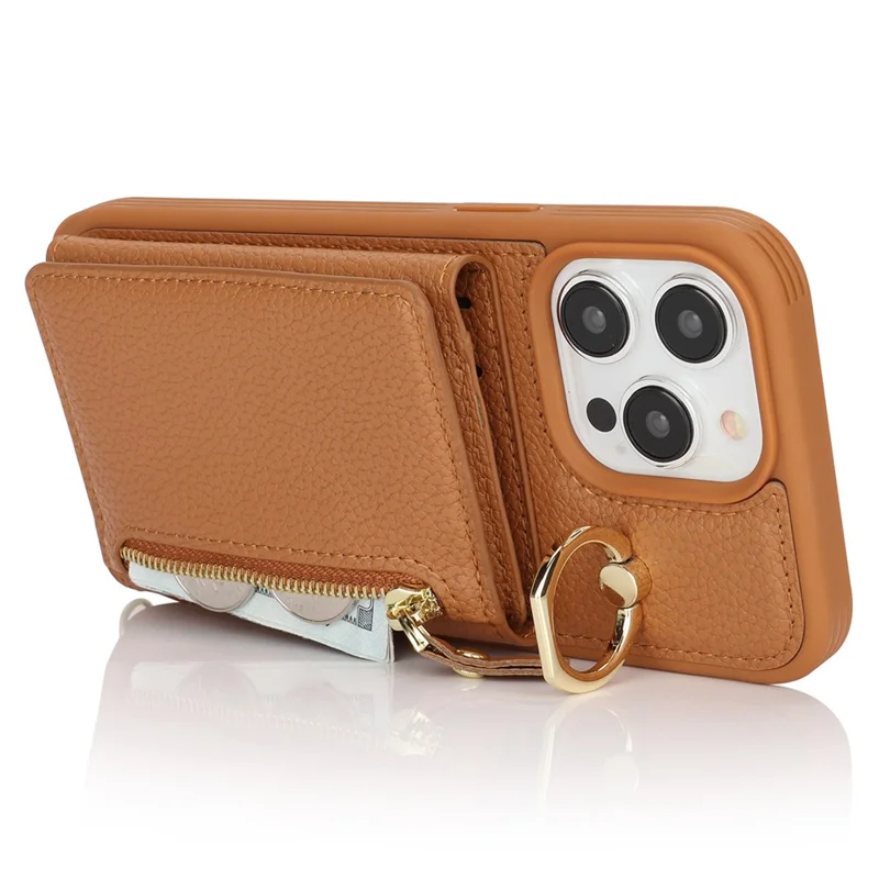 Für iPhone 15 Pro Hülle Reißverschlusstaschen Kartenfach Leder+TPU Handyhülle mit Ständer - Braun