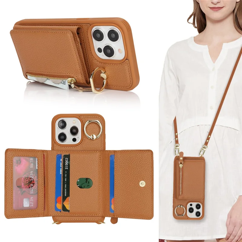 Für iPhone 15 Pro Hülle Reißverschlusstaschen Kartenfach Leder+TPU Handyhülle mit Ständer - Braun