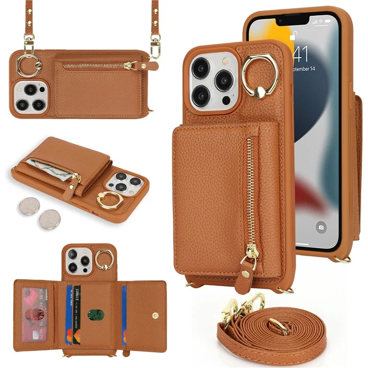Für iPhone 13 Pro Case Reißverschlusstasche Ring Ständer PU-Leder+TPU Handyhülle mit langem Riemen - Braun