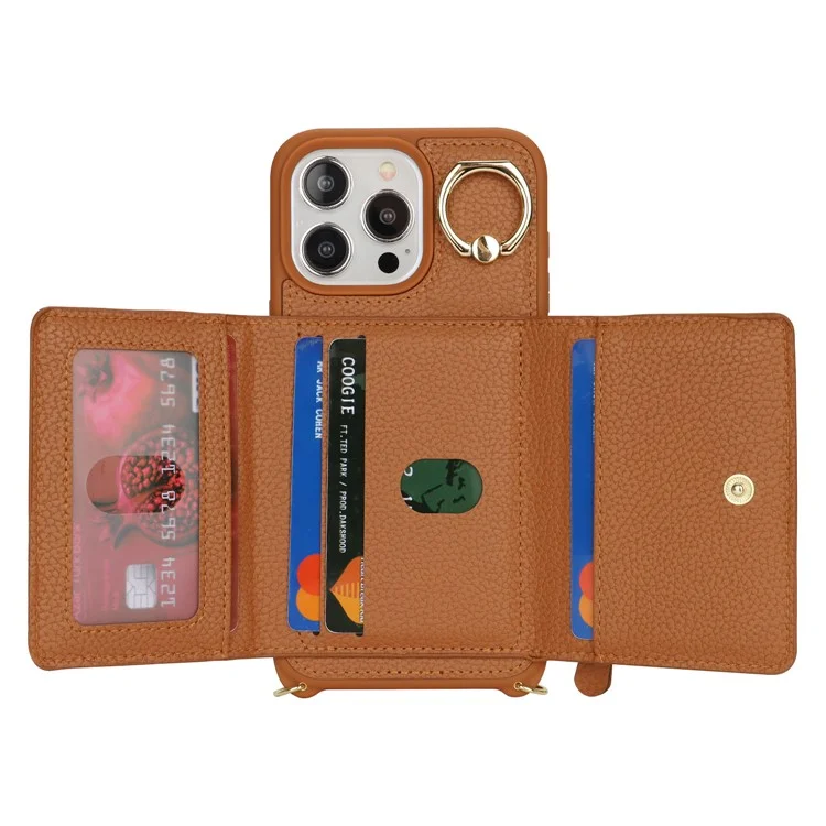 Für iPhone 13 Pro Case Reißverschlusstasche Ring Ständer PU-Leder+TPU Handyhülle mit langem Riemen - Braun