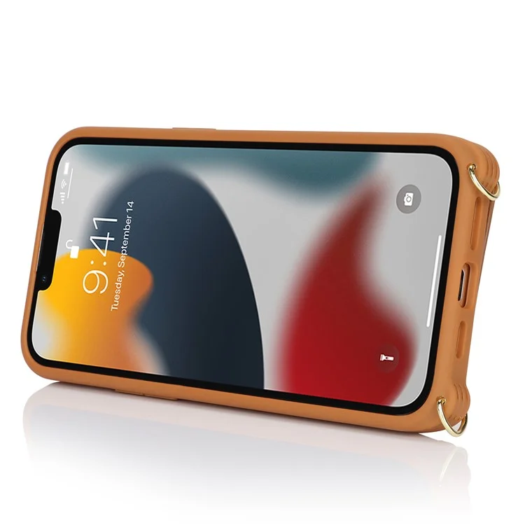 Für iPhone 13 Pro Case Reißverschlusstasche Ring Ständer PU-Leder+TPU Handyhülle mit langem Riemen - Braun