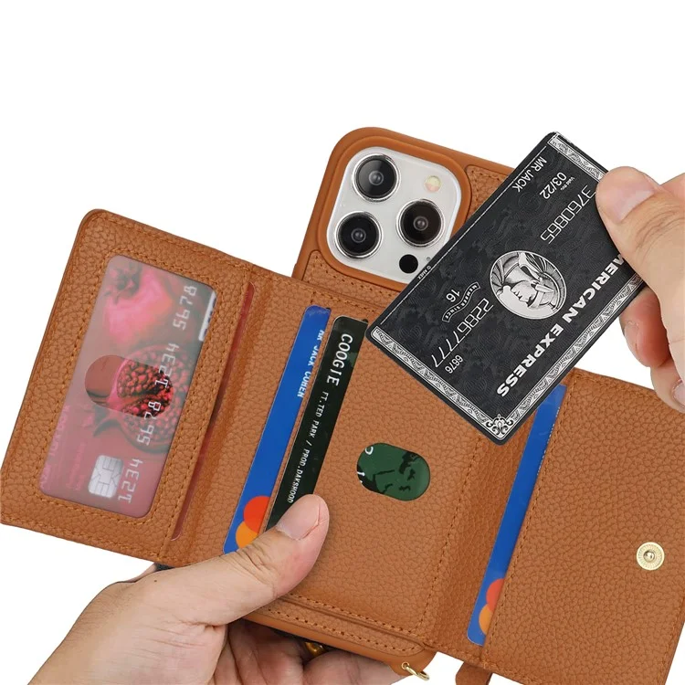 Für iPhone 13 Pro Case Reißverschlusstasche Ring Ständer PU-Leder+TPU Handyhülle mit langem Riemen - Braun
