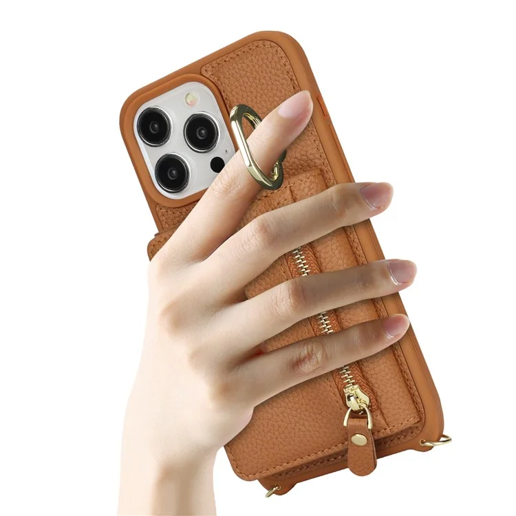 Für iPhone 13 Pro Case Reißverschlusstasche Ring Ständer PU-Leder+TPU Handyhülle mit langem Riemen - Braun