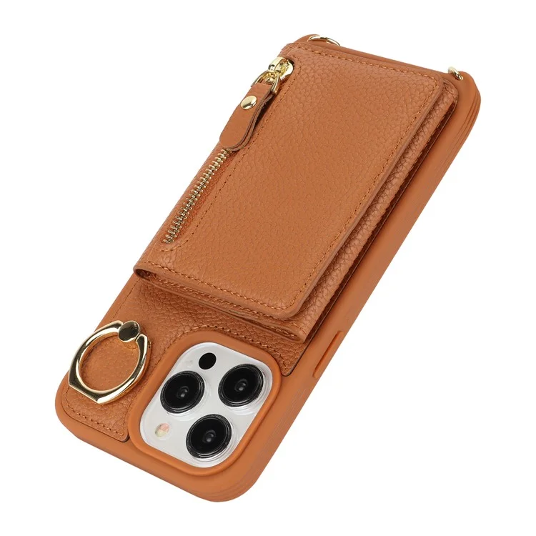 Für iPhone 13 Pro Case Reißverschlusstasche Ring Ständer PU-Leder+TPU Handyhülle mit langem Riemen - Braun