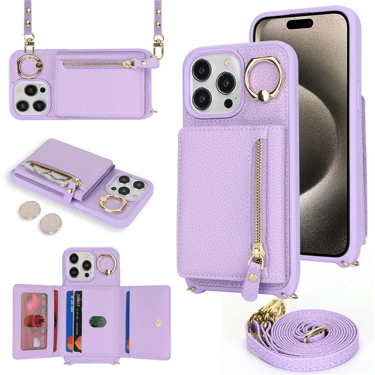 For iPhone 14 Pro Max Case Card Holder Wallet Leather+TPU Crossbody Phone Cover with Ring Kickstand - Purple