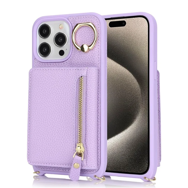 For iPhone 14 Pro Max Case Card Holder Wallet Leather+TPU Crossbody Phone Cover with Ring Kickstand - Purple