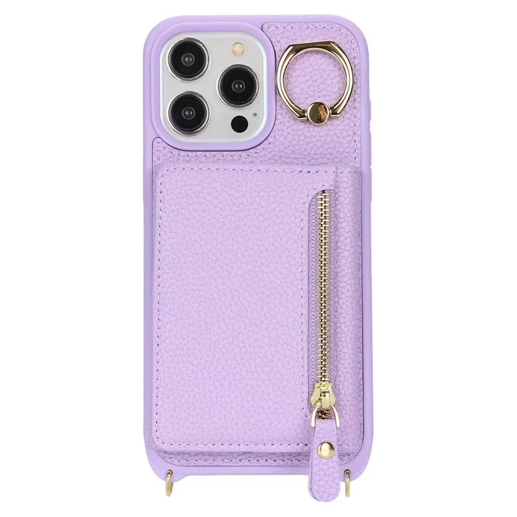For iPhone 14 Pro Max Case Card Holder Wallet Leather+TPU Crossbody Phone Cover with Ring Kickstand - Purple