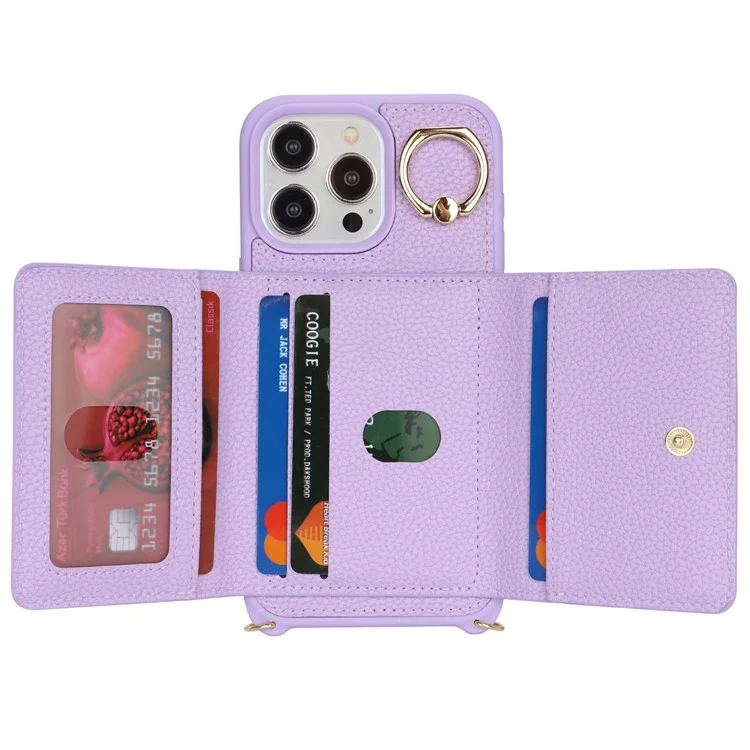 For iPhone 14 Pro Max Case Card Holder Wallet Leather+TPU Crossbody Phone Cover with Ring Kickstand - Purple