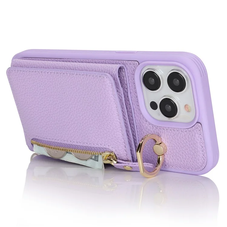 For iPhone 14 Pro Max Case Card Holder Wallet Leather+TPU Crossbody Phone Cover with Ring Kickstand - Purple