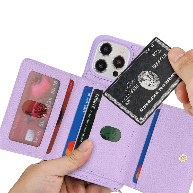 For iPhone 14 Pro Max Case Card Holder Wallet Leather+TPU Crossbody Phone Cover with Ring Kickstand - Purple