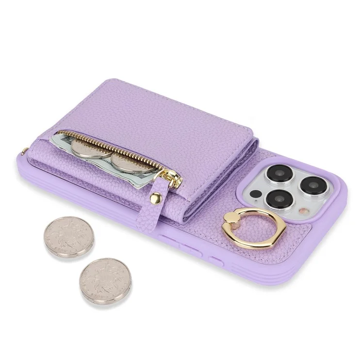 For iPhone 14 Pro Max Case Card Holder Wallet Leather+TPU Crossbody Phone Cover with Ring Kickstand - Purple