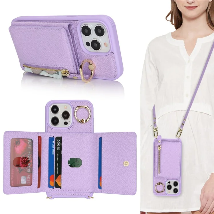 For iPhone 14 Pro Max Case Card Holder Wallet Leather+TPU Crossbody Phone Cover with Ring Kickstand - Purple