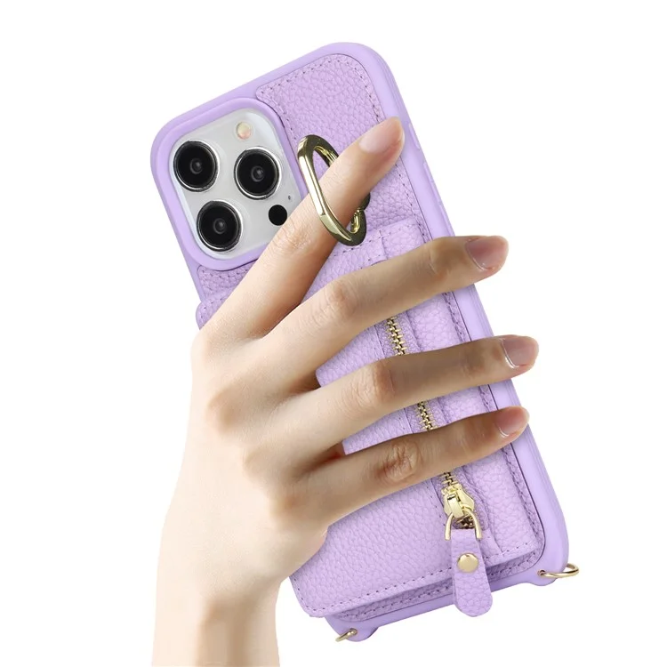 For iPhone 14 Pro Max Case Card Holder Wallet Leather+TPU Crossbody Phone Cover with Ring Kickstand - Purple