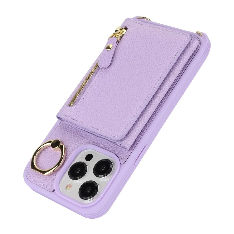 For iPhone 14 Pro Max Case Card Holder Wallet Leather+TPU Crossbody Phone Cover with Ring Kickstand - Purple