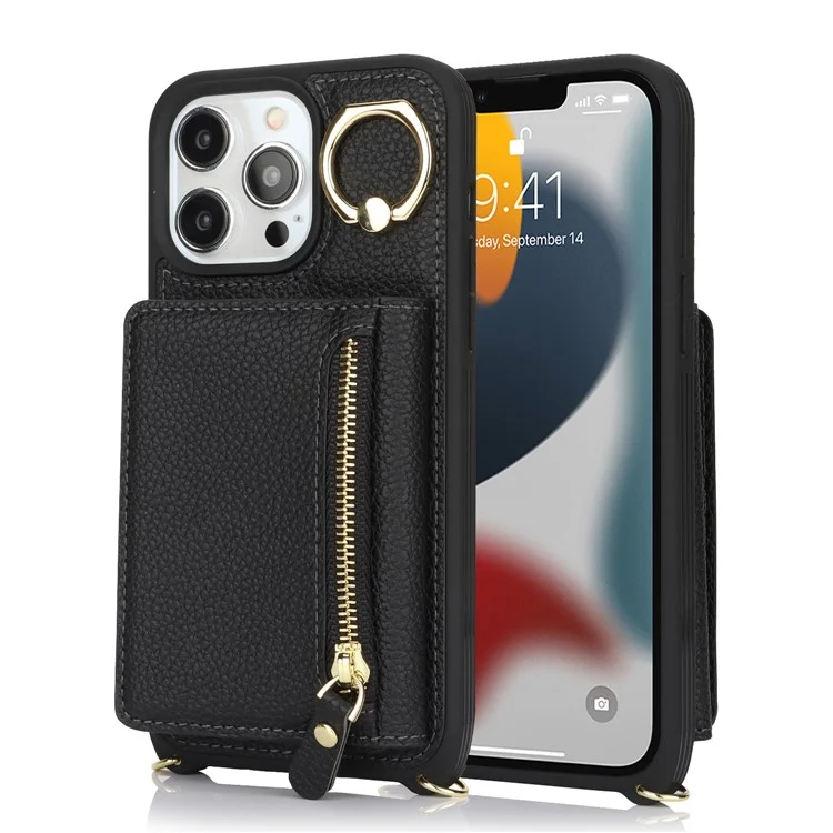 For iPhone 13 Pro Max / 12 Pro Max Case Litchi Texture Card Bag Leather+TPU Phone Cover with Long Strap - Black