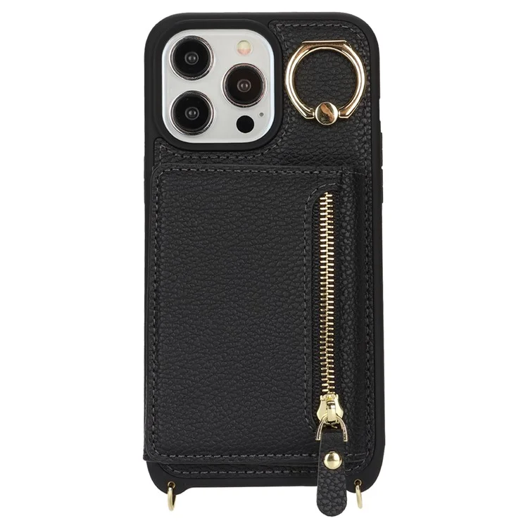 For iPhone 13 Pro Max / 12 Pro Max Case Litchi Texture Card Bag Leather+TPU Phone Cover with Long Strap - Black