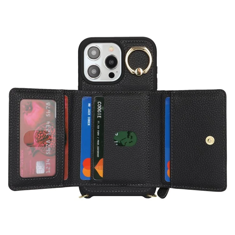 For iPhone 13 Pro Max / 12 Pro Max Case Litchi Texture Card Bag Leather+TPU Phone Cover with Long Strap - Black