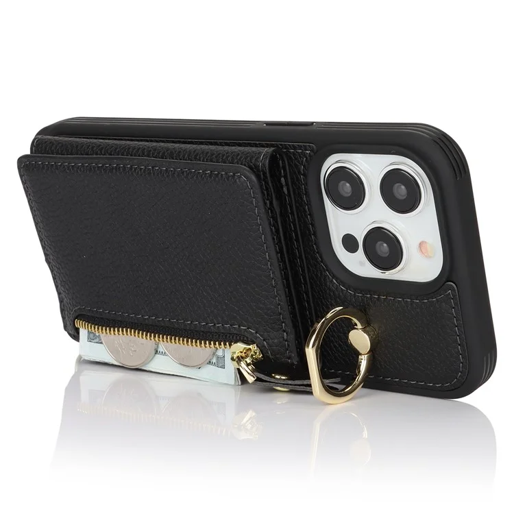 For iPhone 13 Pro Max / 12 Pro Max Case Litchi Texture Card Bag Leather+TPU Phone Cover with Long Strap - Black