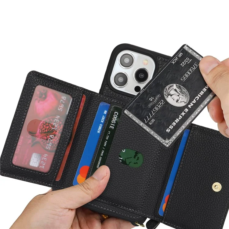 For iPhone 13 Pro Max / 12 Pro Max Case Litchi Texture Card Bag Leather+TPU Phone Cover with Long Strap - Black