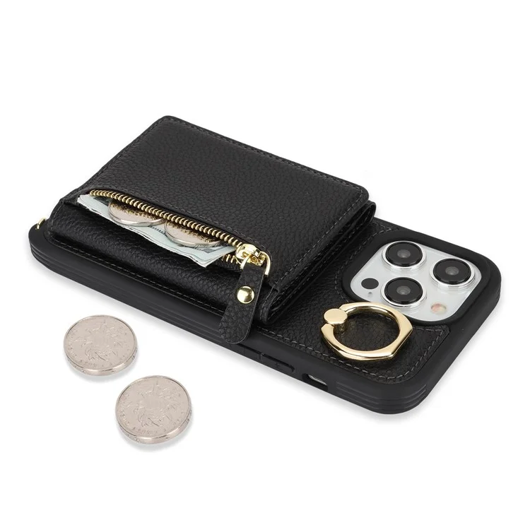 For iPhone 13 Pro Max / 12 Pro Max Case Litchi Texture Card Bag Leather+TPU Phone Cover with Long Strap - Black