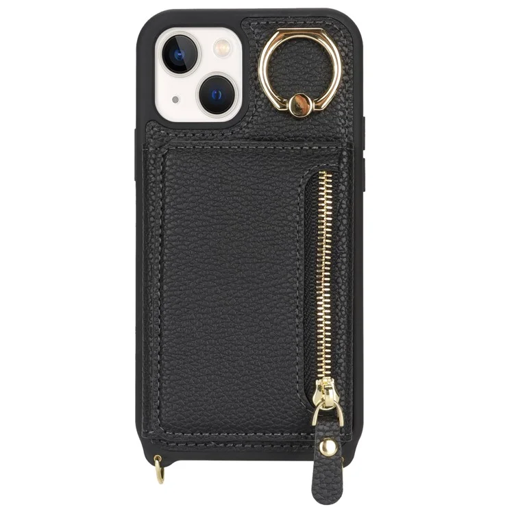 Funda para iPhone 13 mini Bolsa con Tarjeta Cremallera Bolsillo Cuero+TPU Soporte Anillo Cubierta del Teléfono con Correa Larga - Negro