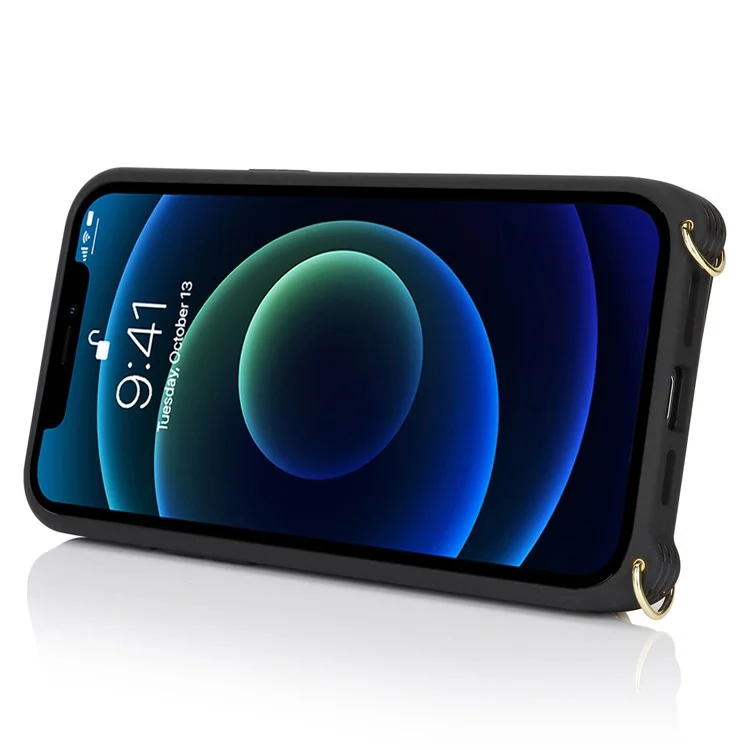Funda para iPhone 13 mini Bolsa con Tarjeta Cremallera Bolsillo Cuero+TPU Soporte Anillo Cubierta del Teléfono con Correa Larga - Negro
