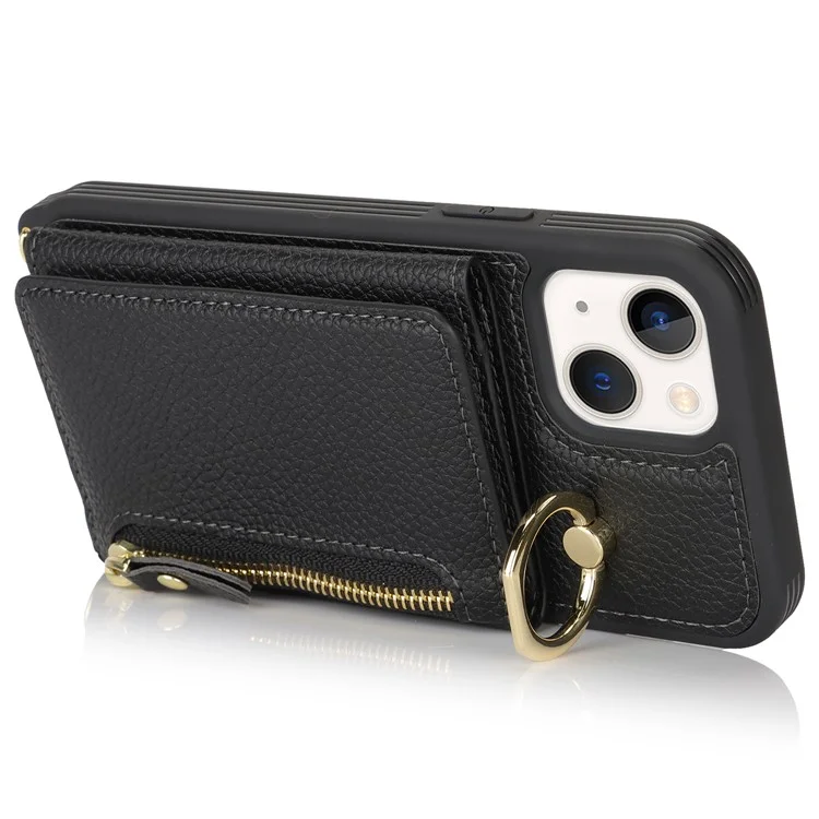 Funda para iPhone 13 mini Bolsa con Tarjeta Cremallera Bolsillo Cuero+TPU Soporte Anillo Cubierta del Teléfono con Correa Larga - Negro