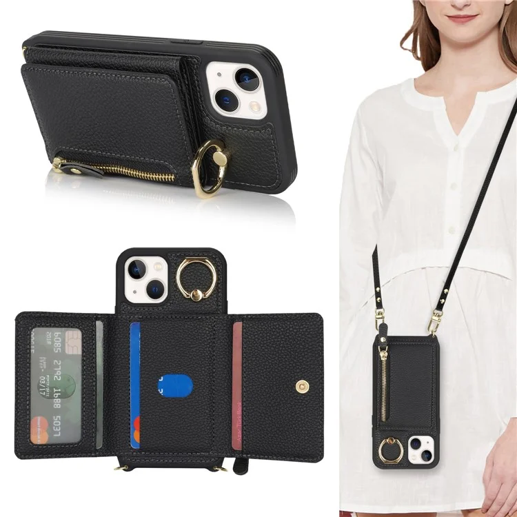 Funda para iPhone 13 mini Bolsa con Tarjeta Cremallera Bolsillo Cuero+TPU Soporte Anillo Cubierta del Teléfono con Correa Larga - Negro