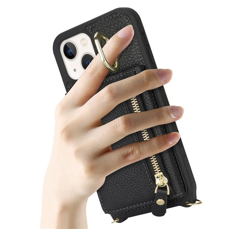 Funda para iPhone 13 mini Bolsa con Tarjeta Cremallera Bolsillo Cuero+TPU Soporte Anillo Cubierta del Teléfono con Correa Larga - Negro
