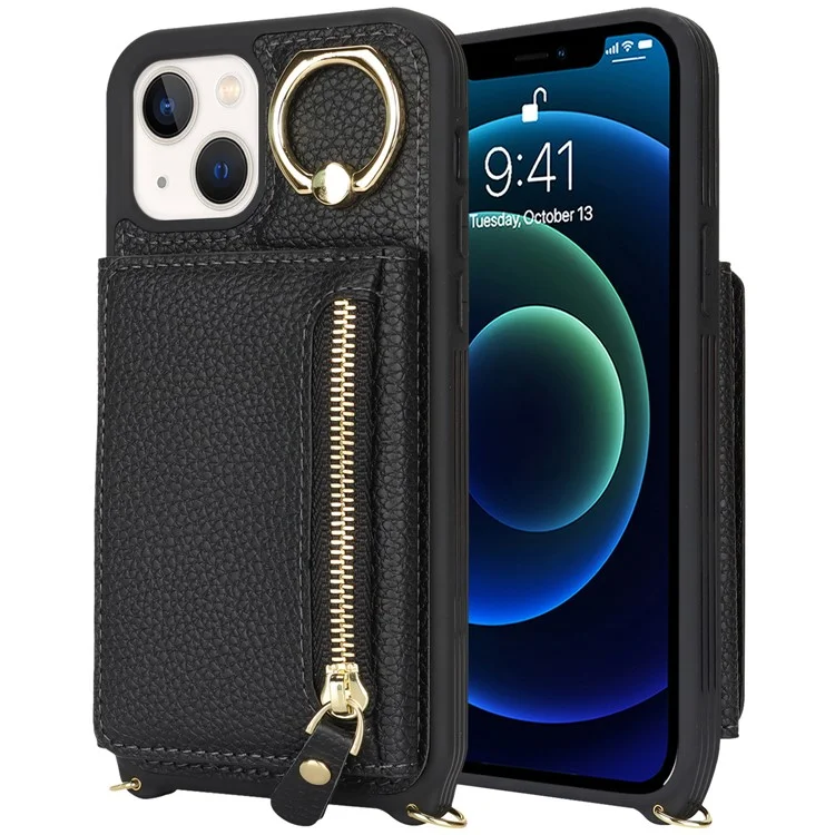 Funda para iPhone 13 mini Bolsa con Tarjeta Cremallera Bolsillo Cuero+TPU Soporte Anillo Cubierta del Teléfono con Correa Larga - Negro