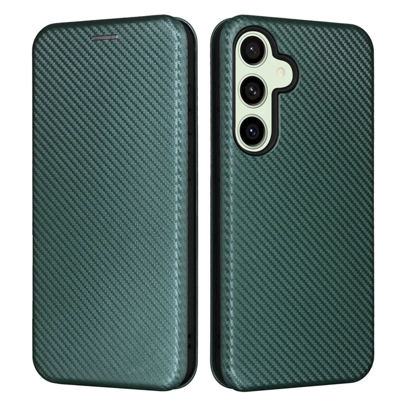 For Samsung Galaxy S24 FE Cell Phone Case Carbon Fiber Texture Magnetic Auto Closing Leather Cover - Green