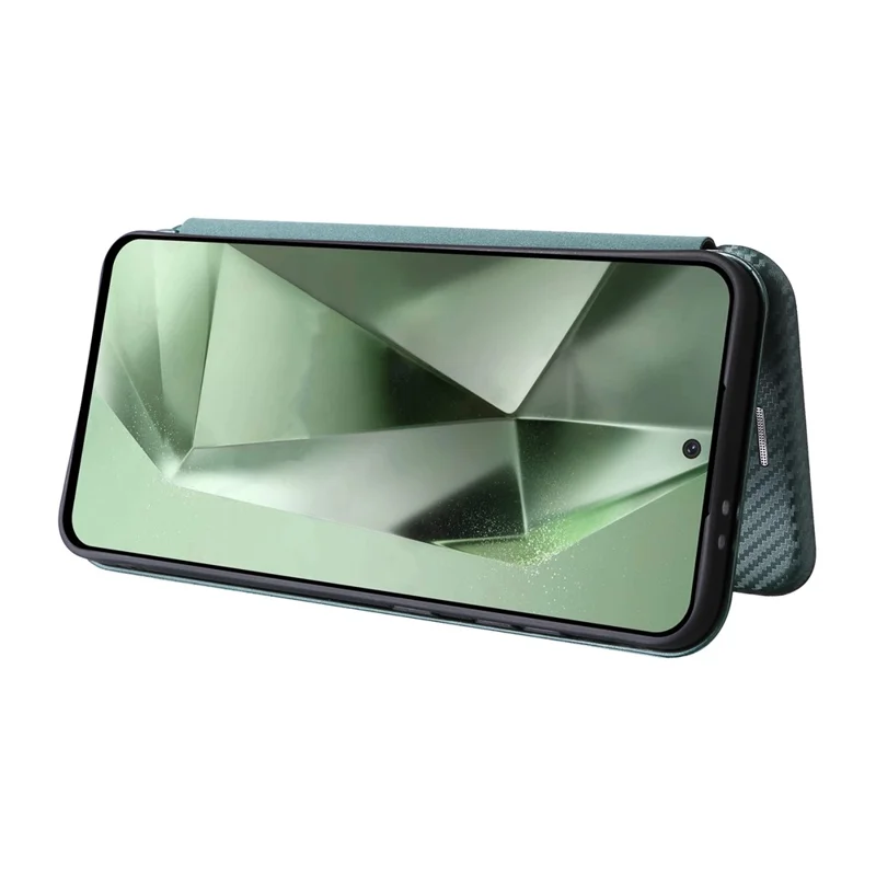 For Samsung Galaxy S24 FE Cell Phone Case Carbon Fiber Texture Magnetic Auto Closing Leather Cover - Green