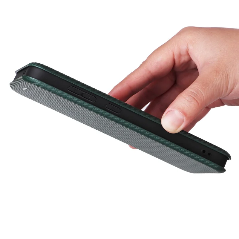 For Samsung Galaxy S24 FE Cell Phone Case Carbon Fiber Texture Magnetic Auto Closing Leather Cover - Green