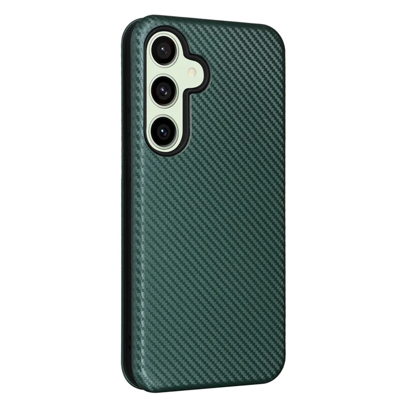 For Samsung Galaxy S24 FE Cell Phone Case Carbon Fiber Texture Magnetic Auto Closing Leather Cover - Green