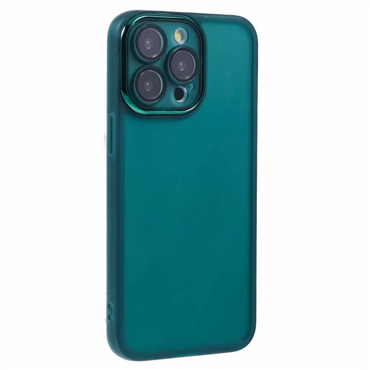 Funda para iPhone 15 Pro Max de la serie DKSM, con marco de cámara chapado en metal y cubierta de teléfono de TPU - Verde ejército transparente