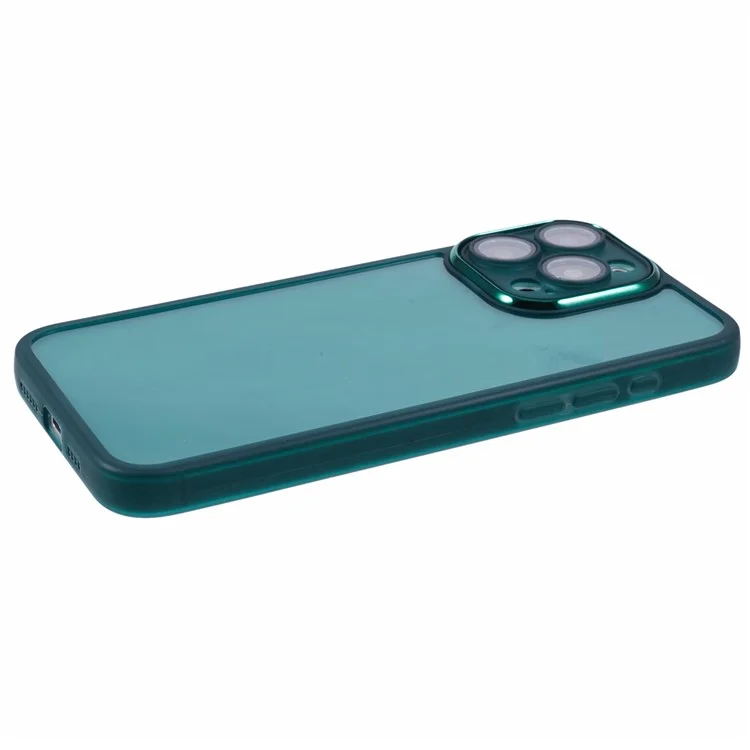 Funda para iPhone 15 Pro Max de la serie DKSM, con marco de cámara chapado en metal y cubierta de teléfono de TPU - Verde ejército transparente