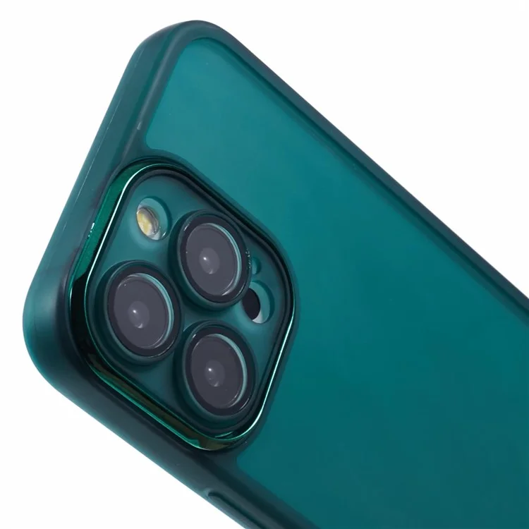 Funda para iPhone 15 Pro Max de la serie DKSM, con marco de cámara chapado en metal y cubierta de teléfono de TPU - Verde ejército transparente