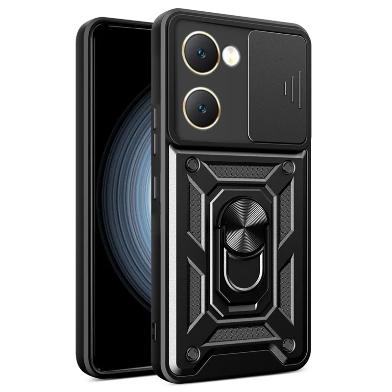 For vivo Y03 Mobile Phone Case PC+TPU Kickstand Shell with Slide Camera Lid - Black