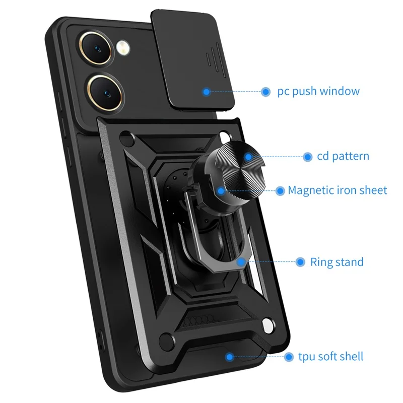 For vivo Y03 Mobile Phone Case PC+TPU Kickstand Shell with Slide Camera Lid - Black