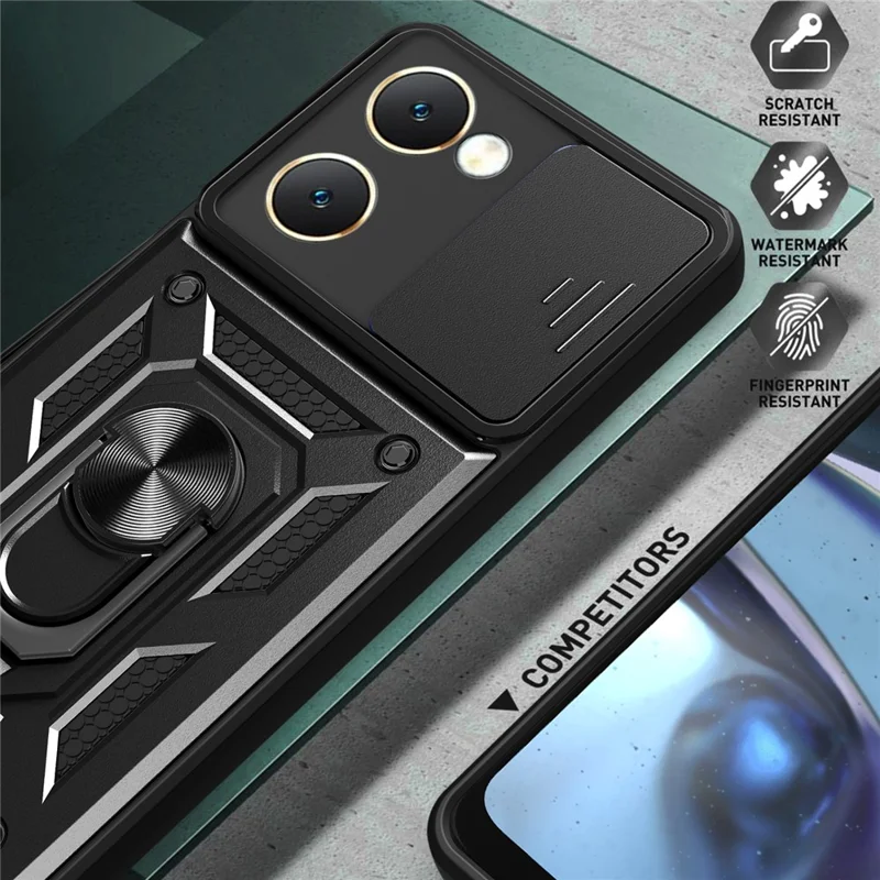 For vivo Y03 Mobile Phone Case PC+TPU Kickstand Shell with Slide Camera Lid - Black
