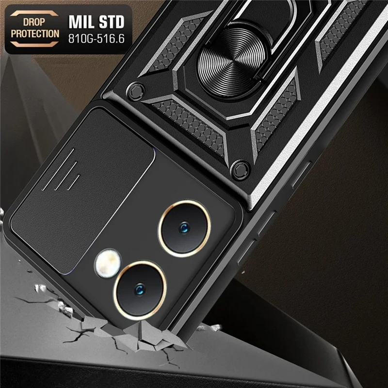 For vivo Y03 Mobile Phone Case PC+TPU Kickstand Shell with Slide Camera Lid - Black