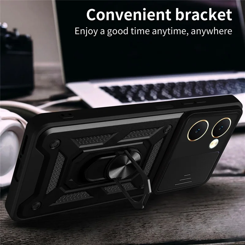 For vivo Y03 Mobile Phone Case PC+TPU Kickstand Shell with Slide Camera Lid - Silver