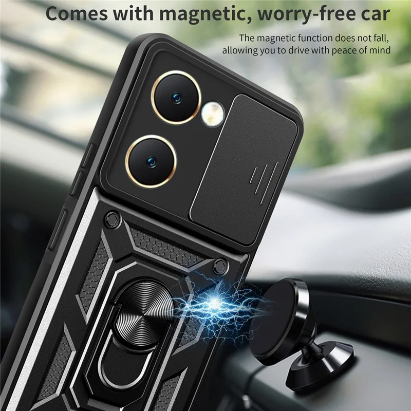 For vivo Y03 Mobile Phone Case PC+TPU Kickstand Shell with Slide Camera Lid - Silver