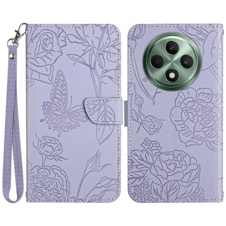 HT03 For Oppo Reno12 F 5G Leather Case with Hand Strap Butterfly Flower Imprint - Purple