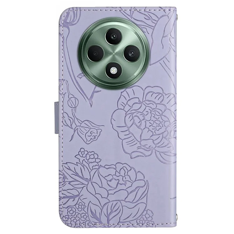 HT03 For Oppo Reno12 F 5G Leather Case with Hand Strap Butterfly Flower Imprint - Purple