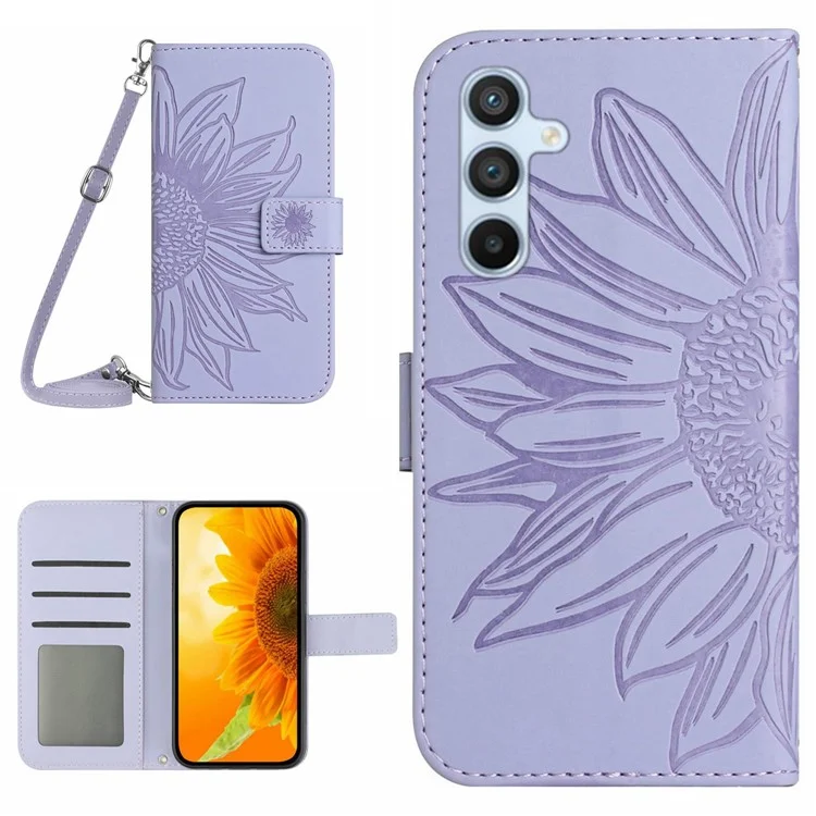 HT04 für Samsung Galaxy M35 5G Case mit Schultergurt Sonnenblumen-Lederhülle - Helllila