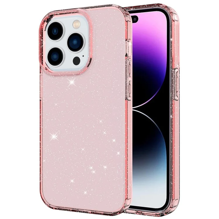 GW18 Per iPhone 14 Pro Max Glitter Powder Transparent TPU Case Anti-Scratch Anti-drop Phone Back Cover - Transparent Pink